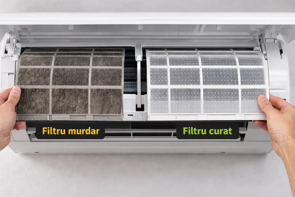 curatare aer conditionat acasa filtru murdar si filtru curat comparatie