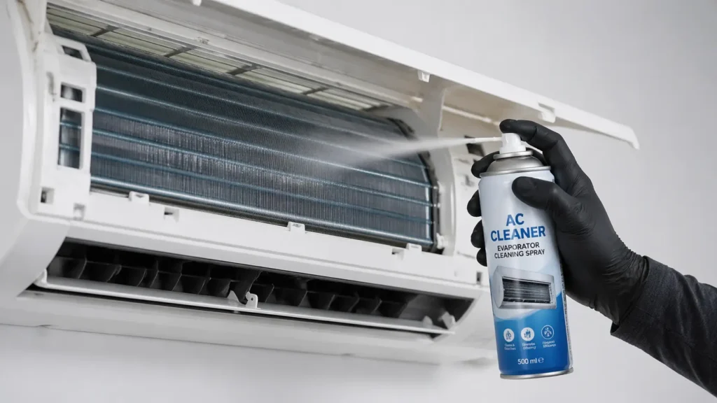 spray curatare aer conditionat aplicat pe evaporator unitate interioara